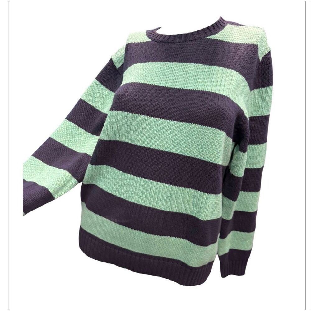 Lands End Classic Striped Crew Neck Sweater Women’s Size Medium Green and Navy B - Picture 2 of 11